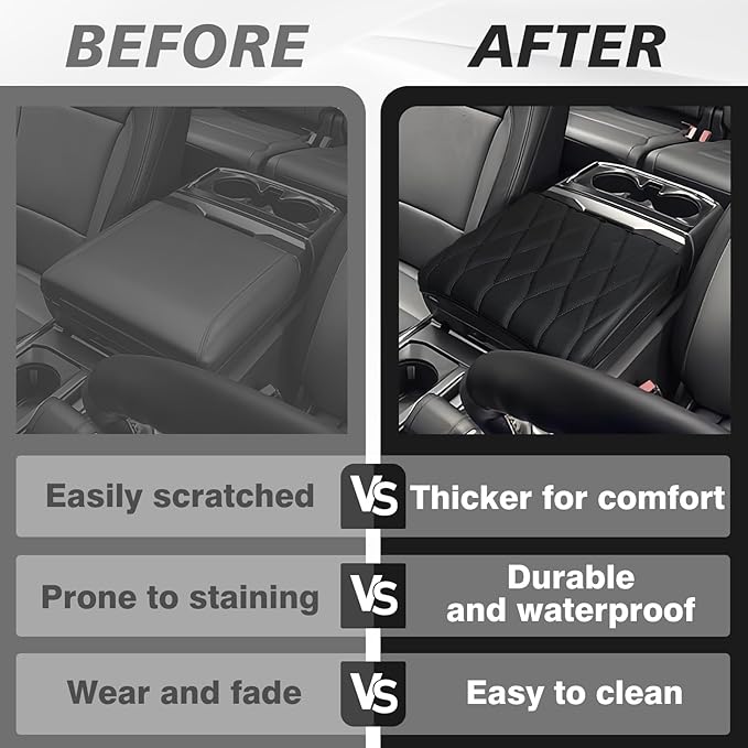 Muslogy Center Console Armrest Cover Compatible with Ford F-150 F150 2021-2025 Comfort Armrest Pad Arm Rest Cushion Vegan Leather Protector Regular Thick(WorkSurface ONLY)