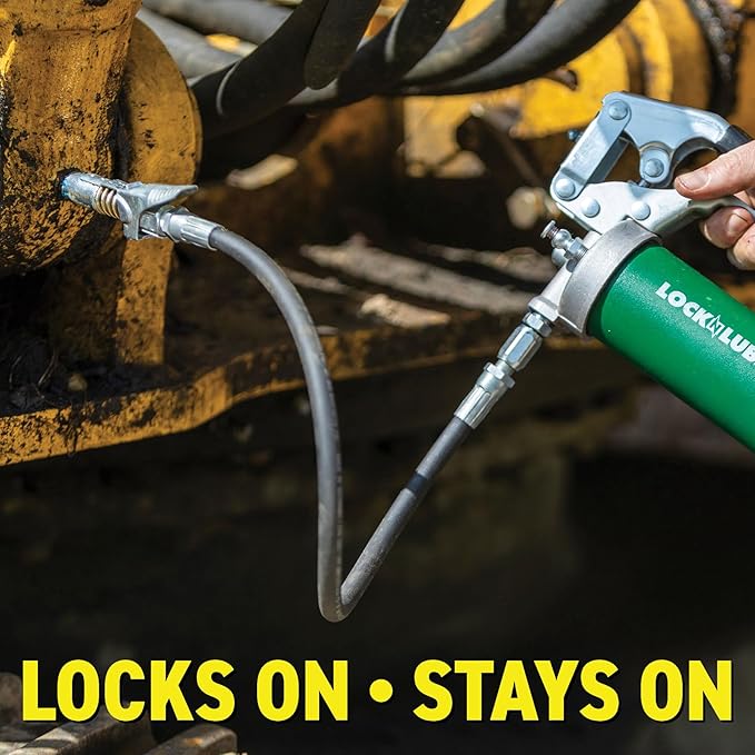 LockNLube Grease Gun Coupler locks onto Zerk fittings. Grease goes in, not on the machine. World's best-selling original locking grease coupler. Rated 10,000 PSI. Long-lasting rebuildable tool.