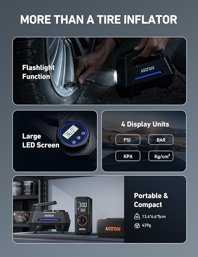 AstroAI Tire Inflator Portable Air Compressor Tire Air Pump for Car Tires - Car Accessories, 9.8Ft Cord-12V DC-Powered Auto Pump with Digital Pressure Gauge, LED Light for Bicycle, Balloons, Blue
