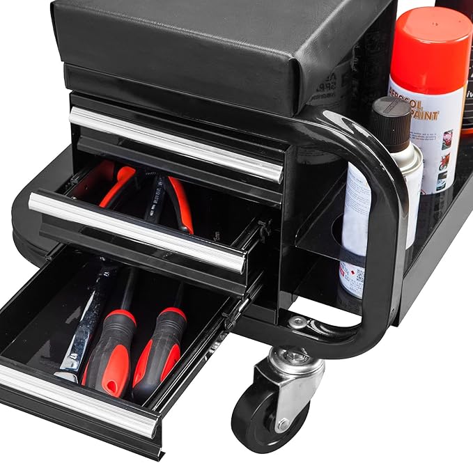 Torin APD2016AB Rolling Tool Chest/Tool Box with 3 Drawers and Wheels, Padded Mechanic Stool Creeper Seat, Black