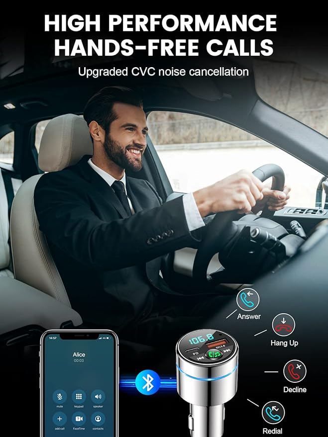 FM Transmitter for Bluetooth 5.3, [All-Metal] PD 30W & QC3.0 18W Fast Car Charger, Wireless FM Radio Kit Bluetooth Car Adapter, Noise Cancelling Hands-Free Call, Blue Light - Silver