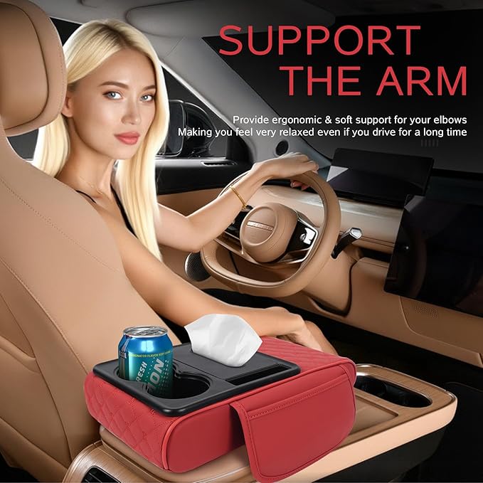 5 in 1 Car Armrest Storage Box for Center Console, Armrest Cushion Cover for Car with 2 Cup Holders Storage Bags, Tissue Box, Phone Slot, Premium Memory Foam with Nappa Leather, 14.2*7.9*2.8in (Black)