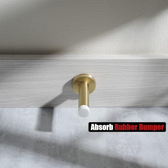 JQK Door Stopper Gold, 304 Stainless Steel Thicken 1mm Sound Dampening Door Stop Bumper Wall Protetor 2 Pack, Brushed Gold Black Tip, DSB5-WG-P2