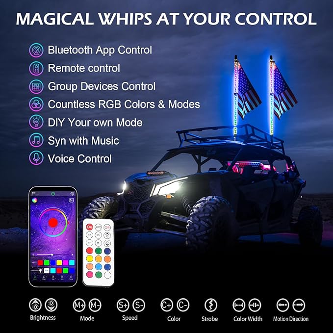 2PCS 3FT RGB LED Whip Light with Spring Base Remote App Control w/DIY Chasing Patterns Turn Signal & Brake Lights for ATV, UTV, Polaris, RZR, Can-am