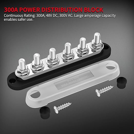DaierTek 300A Bus Bar 12V Marine 12V Power Distribution Block with Cover 6 x 3/8" (M10) Terminal Studs Max 300V AC 48V DC Positive & Ground Busbar for Automotive Car Boat