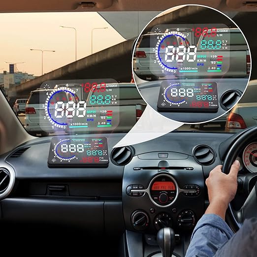 KAOLALI A8 HUD Display 5.5" Dash Screen Projector OBD2 Auto Gauge RPM MPH Speedometer Overspeed Warning Fuel Consumption Temperature Speed Heads Up Windshield Display Multiple-Color Bright for Cars