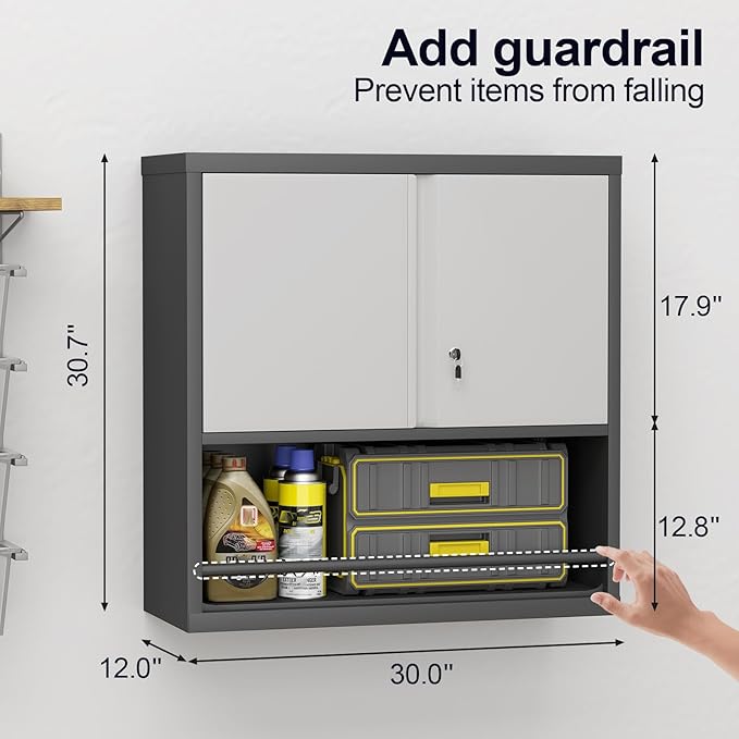 GREATMEET 31" H Metal Garage Storage Cabinets,Wall Cabinet Storage,Lockable Wall Mount Cabinet, Metal Wall Cabinet for Garage Office Utility Room, Black&Grey