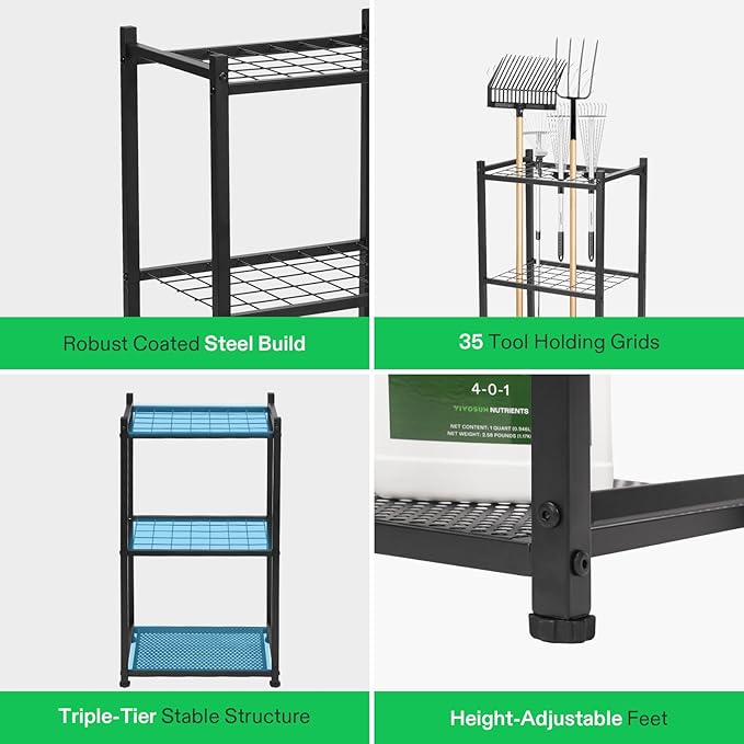 VIVOSUN Garden Tool Organizer, Heavy Duty Steel Tool Rack Tool Stand, Up to 35 Long-Handled Tools, Yard Tool Storage for Garage Shed Home and Outdoor, Medium, Anti-tipping Design