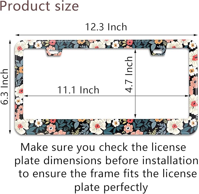 Folk Floral License Plate Frame Colorful Flowers Stainless Steel License Plate Frames Holder Covers Rust-Proof Auto Parts Decoration with Screws License Plate Holder for Car Accessories 12x6 Inch