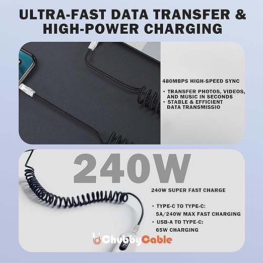 chubbycable Curly Chubby - Retractable Fast Charging Cable 240W Coiled Charger Cord for Car Durable USB-C Cable