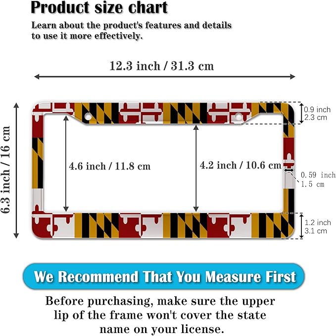 Front License Plate Bracket Multicolor License Plate Frames Flag of Maryland Universal Aluminum Car Accessory 2 Pack with Screw Covers Set