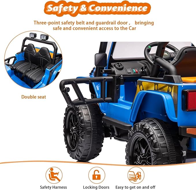 Hetoy 24V 2 Seater Ride On Car for Kids, Electric Truck with Remote Control, Ride on Truck w/ 4-Wheeler Suspension, 4x55W Powerful Engine, 4WD Battery Powered, LED Lights, Soft Braking(Blue)