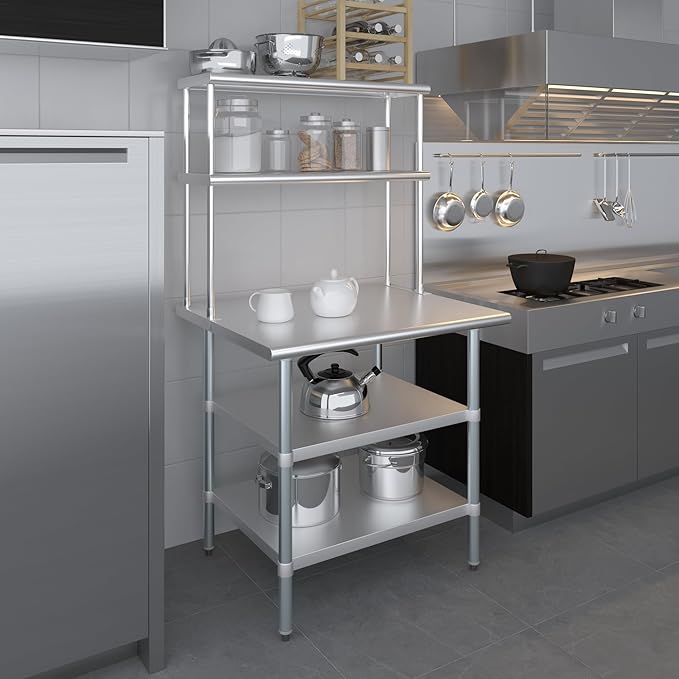 Amgood Stainless Steel Work Table with 2 Shelves | Metal Kitchen Prep Table & Shelving Combo (30" x 36" Table with 2 Shelves + 12" Overshelf)