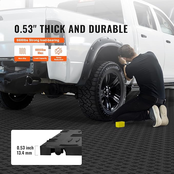 VEVOR Garage Tiles Interlocking, 12 x 12 x 0.53 inch 25 Pack Garage Floor Covering Tiles, Non-Slip Double-Sided Texture Garage Flooring Tiles, for Garages, Basements, Repair Shops, Black