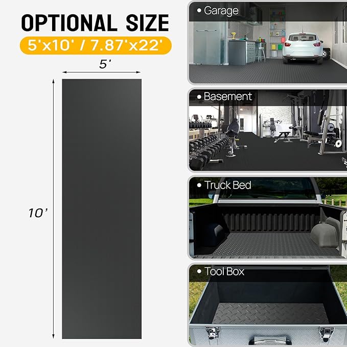 Bonnlo 5x10 FT Garage Floor Mat for Under Car,Thickened PVC Roll Floor mats，Waterproof Non Slip Parking Mat,Black