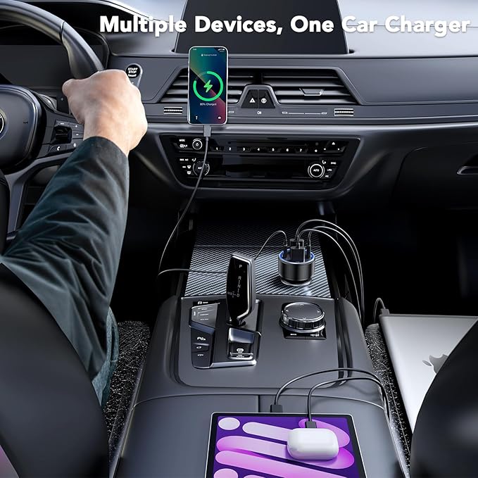 USB C Car Charger, 4 Port 78W Dual USB Car Charger Adapter Fast Charging Multi Port Cigarette Lighter Adapter with Voltmeter Type C Phone Car Accessories for iPhone 16/15/14/13, Samsung Galaxy, iPad