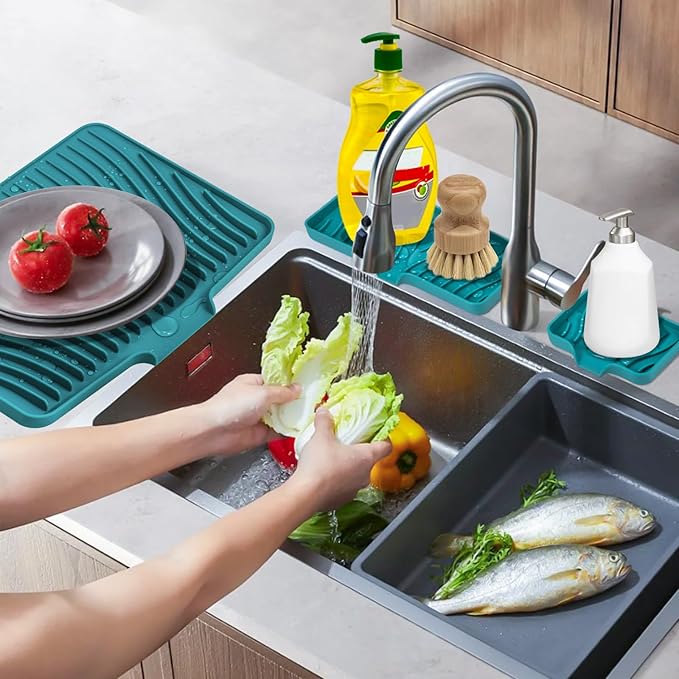 Silicone Dish Drying Mat for Kitchen Counter, Dish Drying Pad, Non-Slip Drain Pad with Built-in Drain, Heat Resistant Stone Drying Mat, 3 pcs (Green)