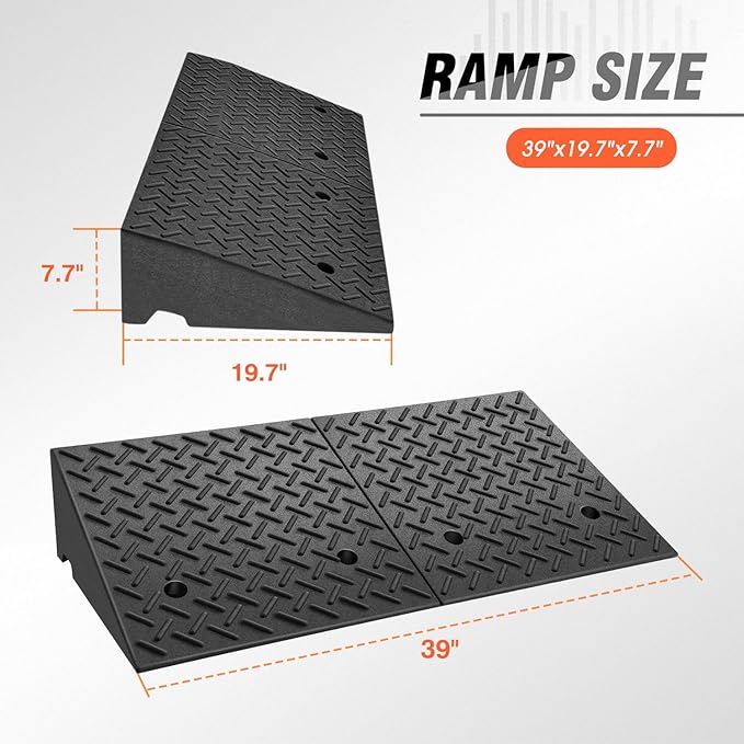 DNA MOTORING 7.7" Rise Rubber Curb Ramp Heavy Duty Loading Driveway Ramp Threshold Ramp 39 in L x 19.7 in W x 7.7 in H for Loading Dock, Warehouse, Wheelchair, Motorcycles, Cars, TOOLS-00654