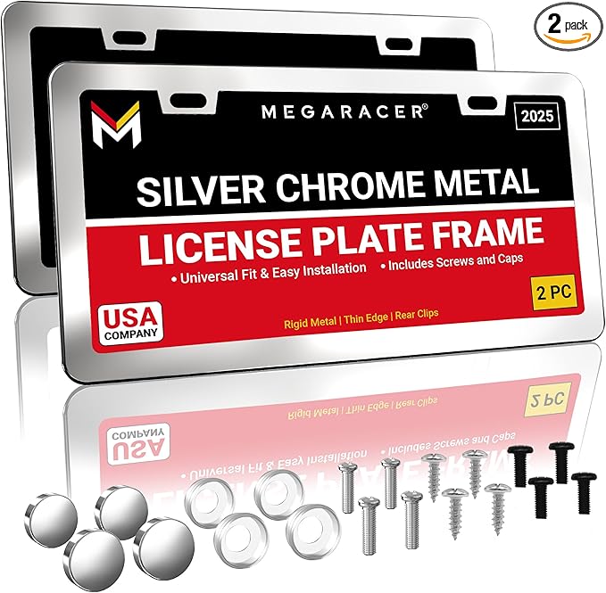 Premium Slim Polished Mirror Chrome License Plate Frames – 2 Pack, Rust-Free Stainless Steel, Rattle-Free & Street Legal Universal Fit with Screw Covers, Thin Silver Metal Front & Rear Car Tag Holders