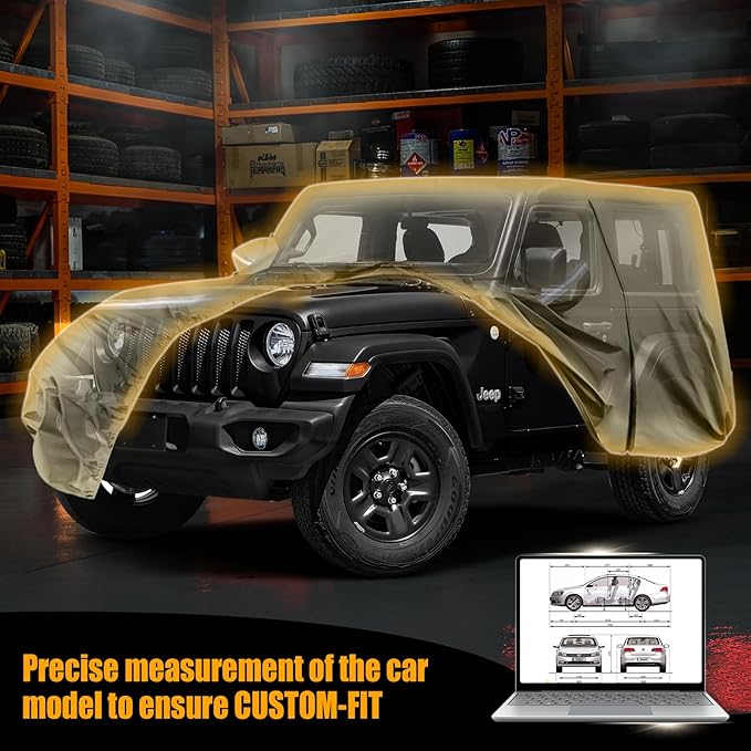 Waterproof Car Covers Replace for 2007-2025 Jeep Wrangler 2 Door, Multilayer Heavy Duty with Cotton Liner All Weather Car Cover with Zipper Door, Windproof Bands for Snow Rain Dust Protection