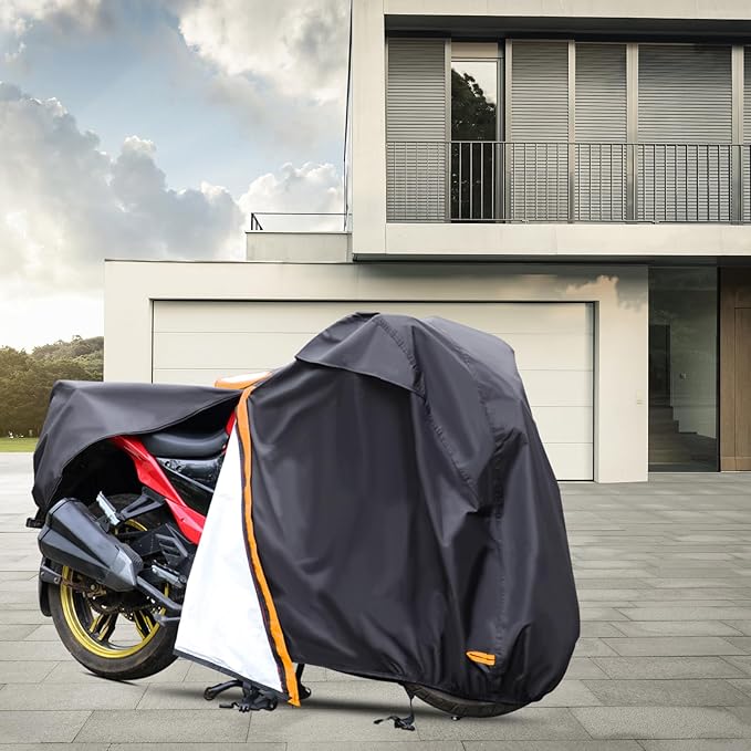 Motorcycle Cover,Waterproof Zipper Outdoor Cover for All Seasons Windproof, High Heat Resistance Dustproof and Rainproof Snowproof(Orange Zipper M Fits Up to 87 inch)