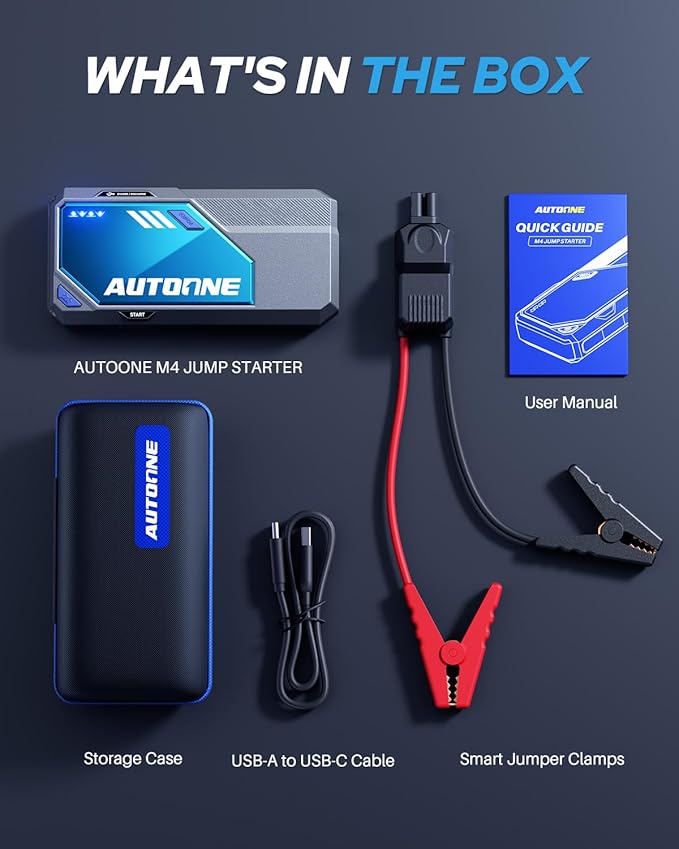 AUTOONE M4 Jump Starter 7500A Car Jumper Starter Portable, 12V Battery Jump Starter (All Gas/12L Diesel) Jump Box for Car Battery with Built-in Booster, Storage Case, LED Light, Jumper Cables