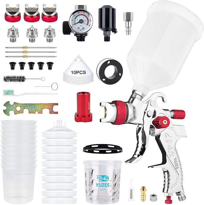 YUZES HVLP Spray Gun Plus Kit with 20 Oz Disposable Paint Cups, Easy to Use, 1.4/1.7/2.0mm Nozzles Air Spray Gun for Painting Cars & Furniture DIY Painting, Paint Spray Gun for Primer, Clear/Top Coat
