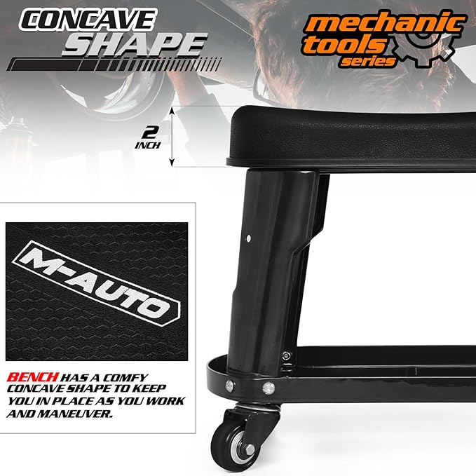 M-AUTO Heavy Duty Garage Rolling Work Seat 300LBS Capacity Mechanics Stool with Wheels, Rolling Work Seat with Equipment Tray and Tool Rack, Rectangle Seat Mechanic Roll Chair, Black