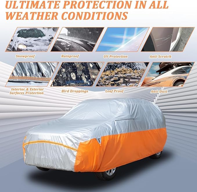 Tecoom Car Cover Waterproof All Weather for SUV, Universal Full Exterior Covers Fit for Toyota CHR Ford Mustang Honda CRV Tesla Model Y Large Winter Snow Sun UV Scratch Protection, 170"-190"