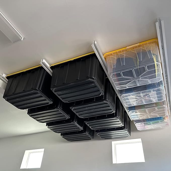 Tote Slide PRO – Made in USA | Heavy-Duty Alloy Steel Overhead Rack – Organize Up to 15 Storage Tote Bins on Garage Ceiling – 88” x 80” x 3.5”, White – Space-Saving Design