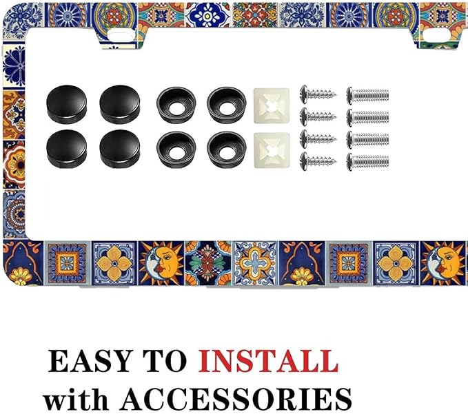 2Pack Mexican Tiles License Plate Frames Mandala Boho License Plate Frame Car Universal Aluminum Accessories Cars Decorative 2 Holes Screws Fits Standard US Vehicles Size 12.2 x 6 Inches