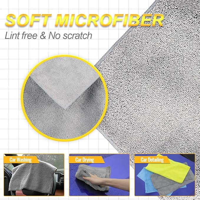 Drying Towels(Microfiber),Car Wash Cleaning Towel Extra Soft,Reusable and Durable,Absorbent, Lint-Free,Interior & Exterior Rags 16in x 16in-12 Packs Grey