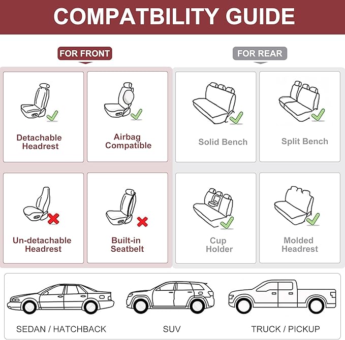 Car Seat Covers Full Set, Front and Rear Seat Covers for Cars, Waterproof Leather Auto Seat Protectors with Head Pillow, Car Seat Cushions Fit for Most Sedans SUV Pick-up Truck, Wine Red