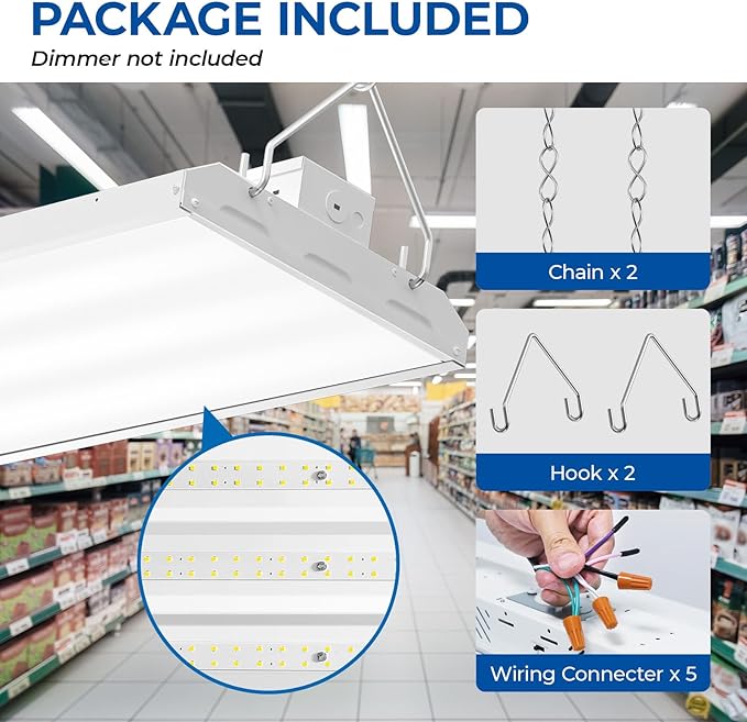 CINOTON 4FT 210W LED Shop Light with 28350LM, 0-10V Dimmable Linear High Bay Lighting with 5000K, 120-277V 135LM/W Commercial Hanging Lights for Garage Office Warehouse Workshop Factory UL Listed