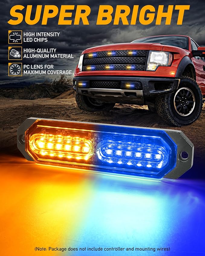 HLauto 1200T Emergency Strobe Grille Lights: 8pcs 12 LED Sync Feature Safety Warning Flashing Lights, Ultra Slim Surface Mount Hazard Caution Lights for Trucks, Vehicles, Car, ATV, UTV (Amber Blue)