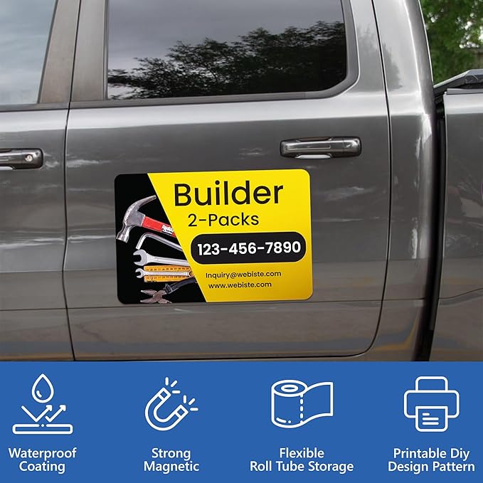 Custom Car Magnet Signs for Businesses (18"x24" Builder) 2 pk - Personalized Car Magnets for Builder, Contractor and Advertising - Advertising Magnets for Cars Door - Professionally Printed