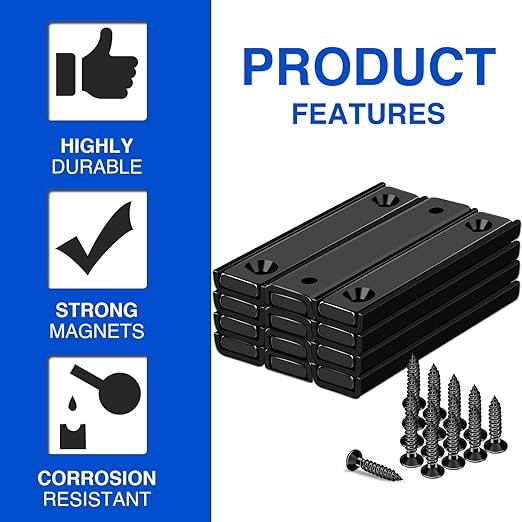 MIKEDE 12 Pack Neodymium Bar Magnets, 70LB Strong Rare Earth Mounting Magnet Heavy Duty, Rectangular Magnet with Countersunk Hole and Steel Capsule, Magnets Strips for Home, Garage - 2.36x0.53x0.2in
