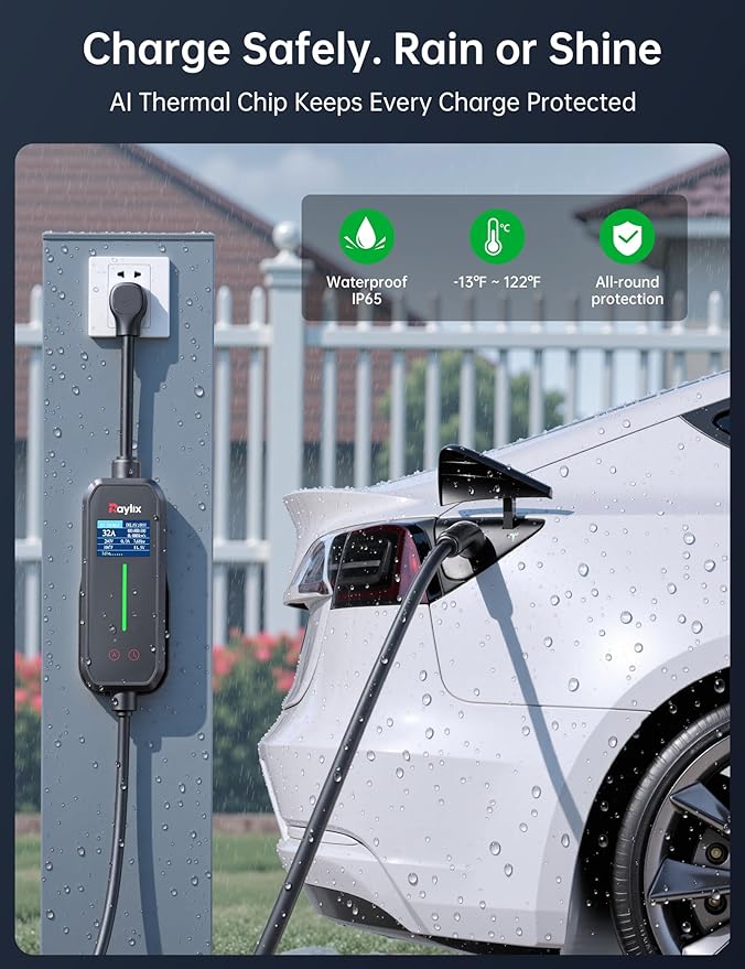 Raylix 32A Level 2 Fast Tesla Charger, [Adjustable Current, Delay Charge & Smart Display], 7.68KW Tesla Mobile/Home Charger, 21ft Cable, Connector for Tesla Model X/Y/3/S/Cybertruck, NEMA 14-50 Plug