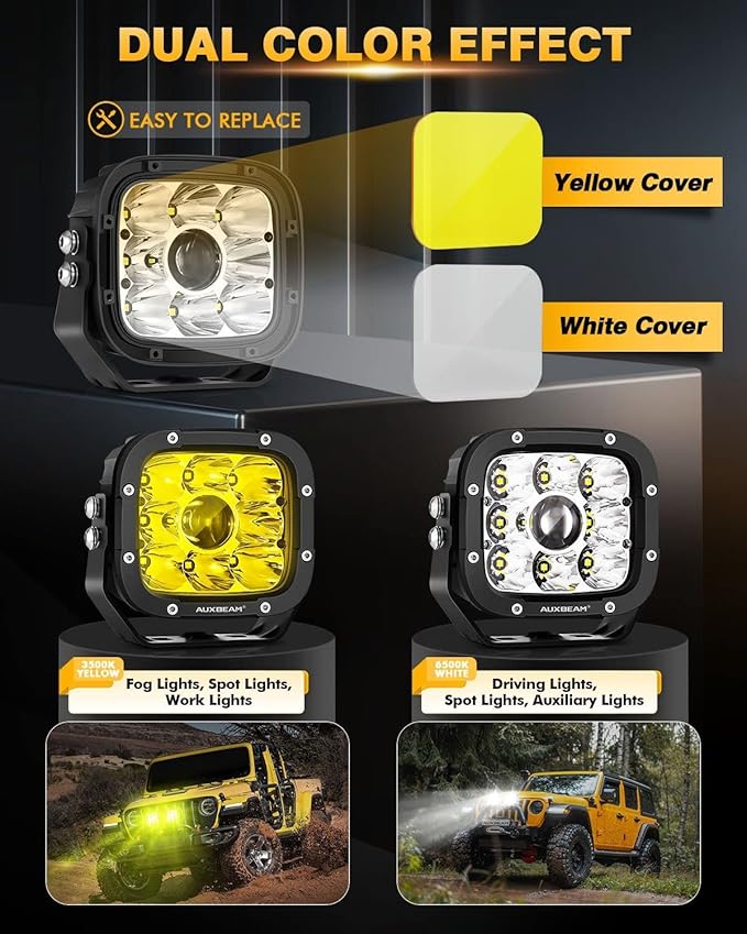 Auxbeam XP-Ultra Series 5 Inch LED Pod Lights 110W Hyper Spot Beam Cube Offroad Lights with Amber White Lens Covers Dual Color Off-Road Amber Fog Spotlight, Pair