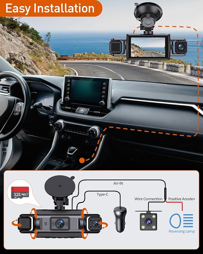4 Channel WiFi Dash Cam with 32GB Card, 4 * 1080P Dash Camera for Cars Front and Rear Left Right,3”IPS Screen Dashcam with 360° Surveillance APP Control, 24H/7 Parking Mode,Night Vision G-Sensor