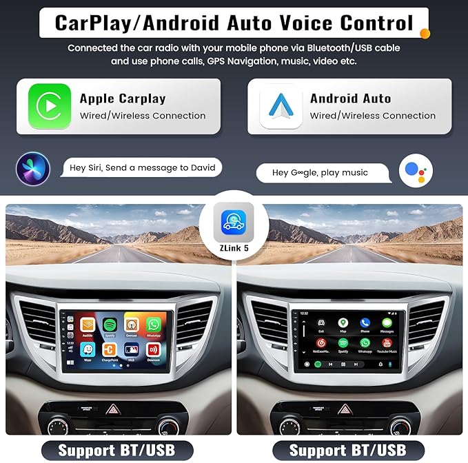 2G+64G 9 Inch Android Car Stereo for Hyundai Tucson 2015-2018 Radio Wireless Apple CarPlay Android Auto Bluetooth Touchscreen GPS Navigation Head Unit WiFi FM USB SWC Split Screen+AHD Backup Camera