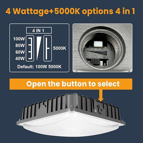 100W LED Canopy Lights 4Pack, 40/60/80/100W Selectable, 15000LM 5000K Square LED Canopy Lights Outdoor, Gas Station Carport Light for Garage Shop Warehouse, IP65, DIM, 100-277VAC, ETL Listed