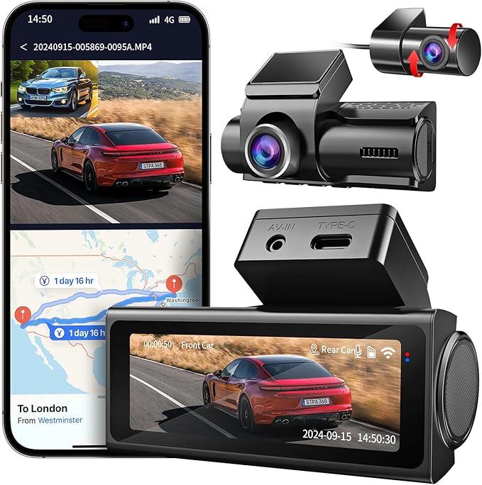 Dash Cam Front and Rear, UHD 4K Night Vision Dash Camera for Car with 3.2'' IPS Screen, 30FPS Dashcam Built-in GPS with App Control, 24H Parking Mode, G-Sensor
