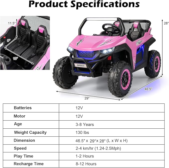Costzon 2-Seater Ride on Car for Kids, 12V Kid' Electric Vehicles w/Remote Control, 4 Shock Absorbers, Wireless Music & FM, 3 Speeds, Ambiance Lights, Electric UTV, Kids Car for Boys Girls (Pink)