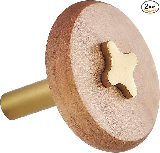 Solid Brass & Maple/Mahogany Wall Hooks 2 Pack - Decorative Heavy Duty Coat Hooks with Vintage Cross Screw Design for Entryway, Bathroom, Luxury Spaces TC008F