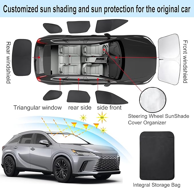 TINGLU Window Shades for Lexus RX 2023 2024 2025 Accessories Car Side Full Windows Rear Triangular Windshield Sun Shade Sun UV Rays & Privacy Protection for Camping,Napping,and Relaxing 8PCS