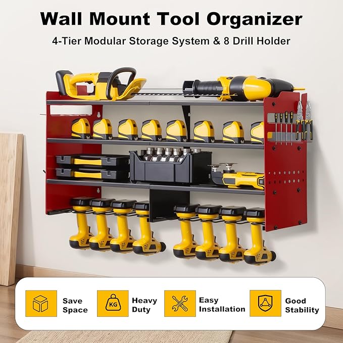 oviitech Power Tool Organizer Wall Mount, 8 Drill Holder Wall Mount Loads 400lbs, 4 Layer Heavy Duty Metal Power Tool Storage, Red, Utility Rack for Garage Workshop, Gifts for Men