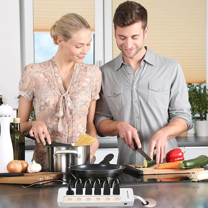 10FT Heavy Duty Extension Cord with Individual Switches on Off, 1875W Appliance Extension Cord with Surge Protector, 6 outlets, High Wattage for Microwave, Aquarium, Kitchen, Garage Must Have