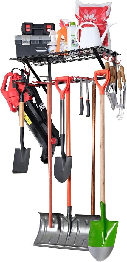 PLKOW Wall-Mounted Ski Rack, Skis Storage Rack for Garage Shed with Top Storage Shelf, Customizable Spacing, Supports Up to 280 lbs, Steel