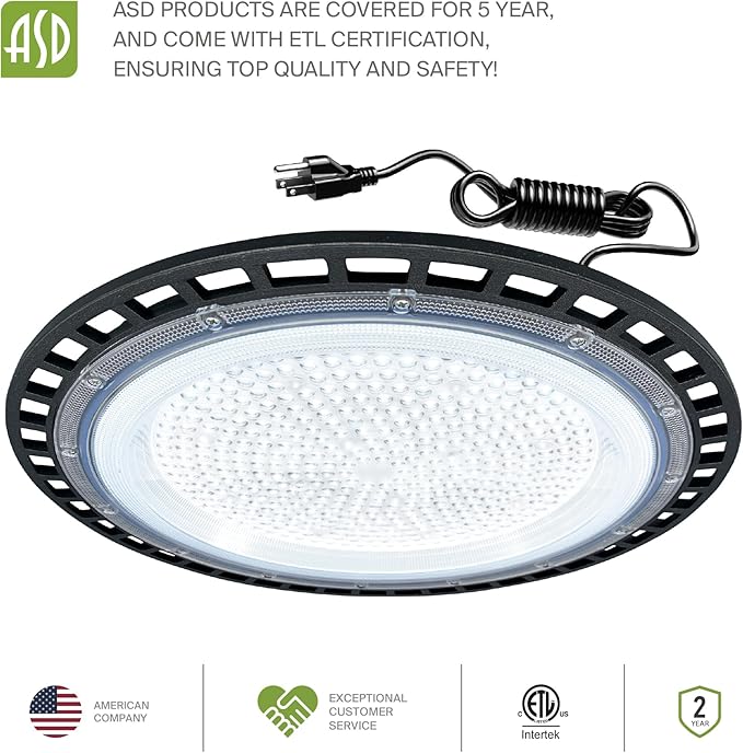 ASD LED High Bay UFO Light Fixture, Commercial Shop Lighting | Plug & Play Cable, IP65 Waterproof, ETL Listed | 200W 23900LM 5000K 100-277V | Warehouse, Garage, Workshop, Barn Lamp | Black, 6 Pack